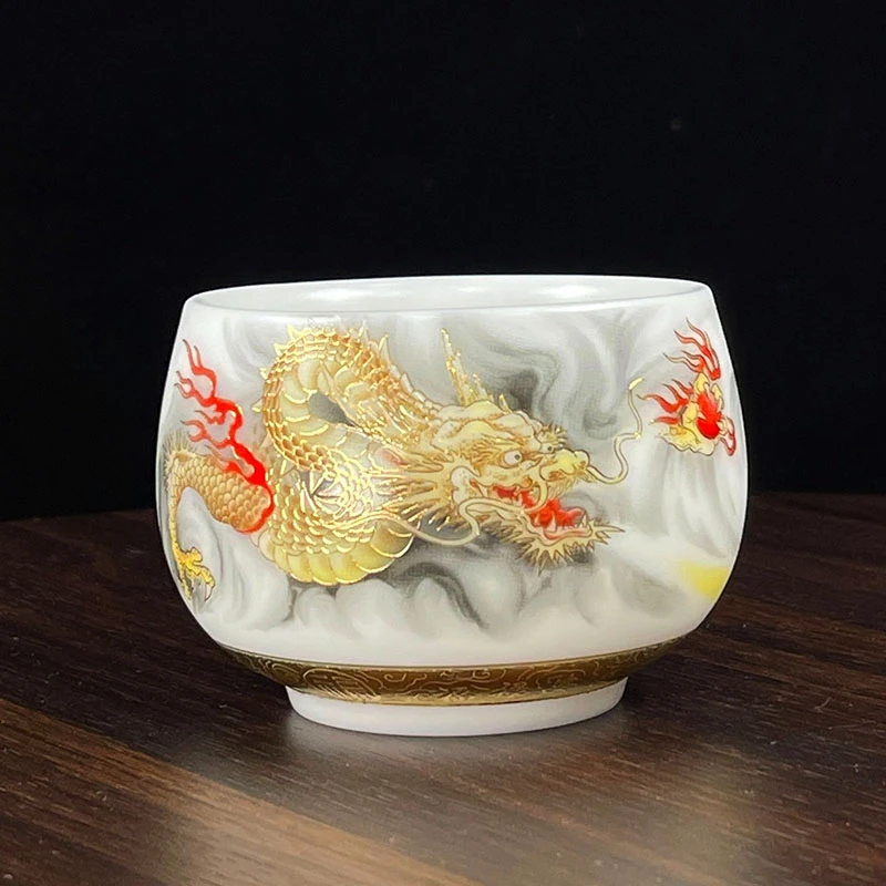 高档金龙献瑞男士主人杯纯手工家用办公茶具送礼羊脂玉瓷喝茶杯子