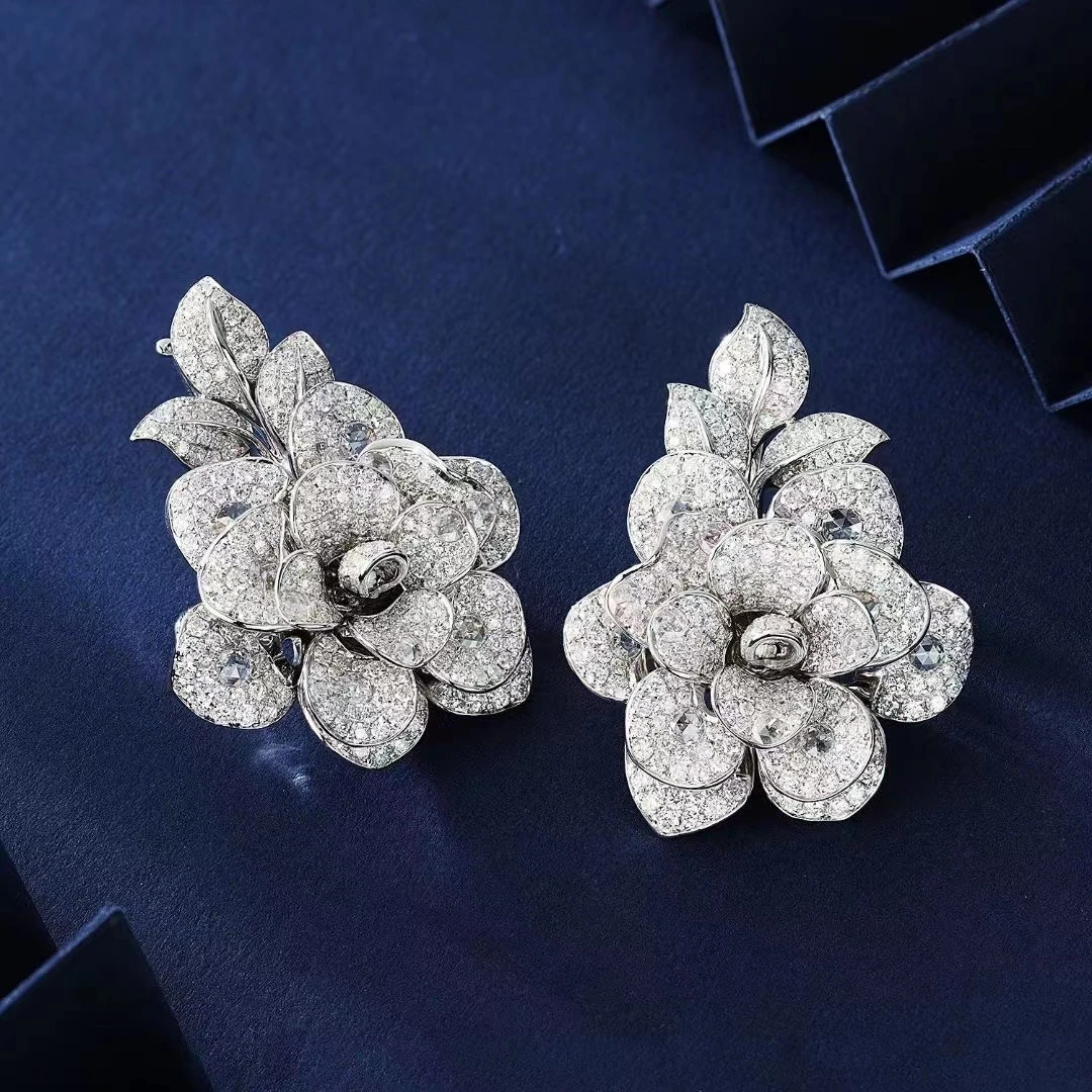 玫瑰花豪华钻石耳钉设计师款高级典雅