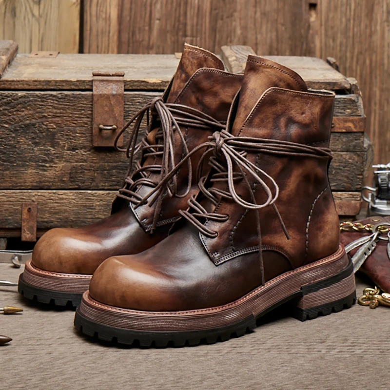 秋冬马丁靴男真皮靴复古厚底男士百搭潮系带做旧英伦高帮圆头E313