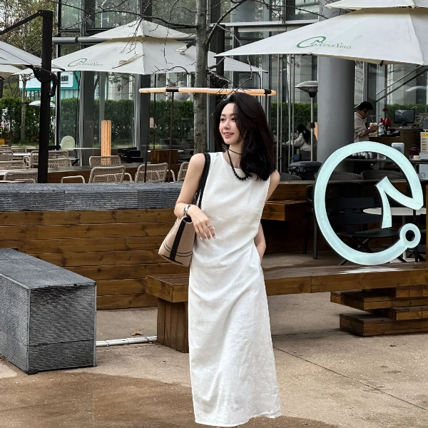 QK老钱氛围感优雅气质船领A字系带无袖苎麻连衣裙QK0205