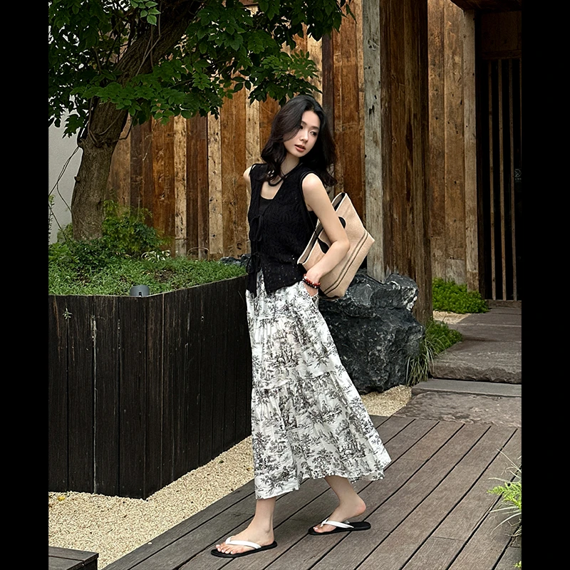 QK·水墨山河·气质高雅水墨印花高腰显瘦大裙摆A字半身裙QK0374