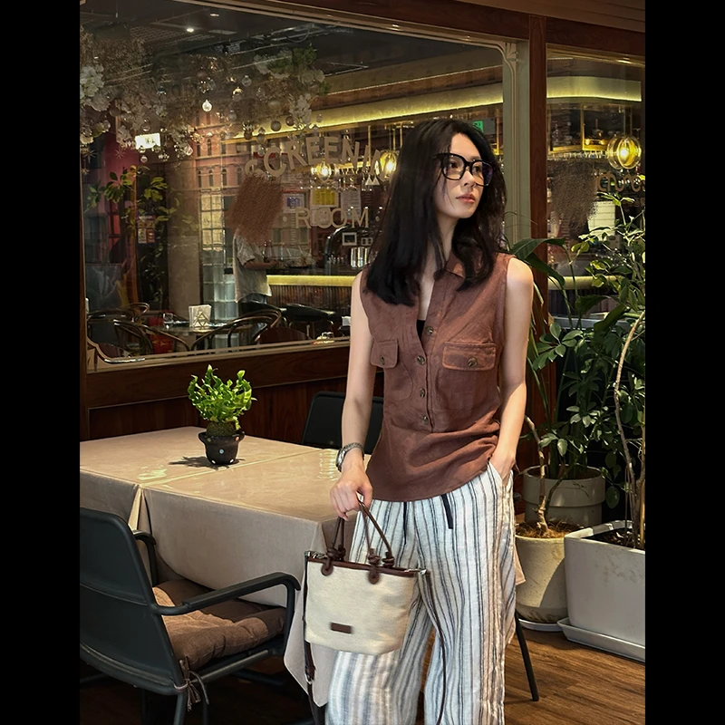 QK·自在松弛感·静奢老钱风透气吸汗无袖亚麻马夹背心上衣QK0444