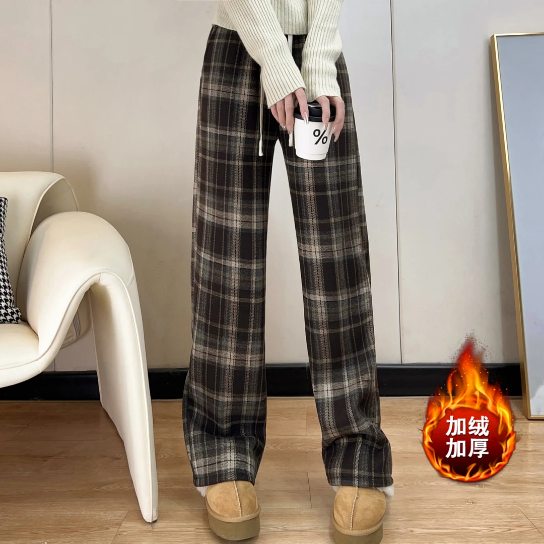 加绒加厚保暖垂垂裤 复古百搭显瘦抽绳高腰宽松休闲裤直筒格子裤