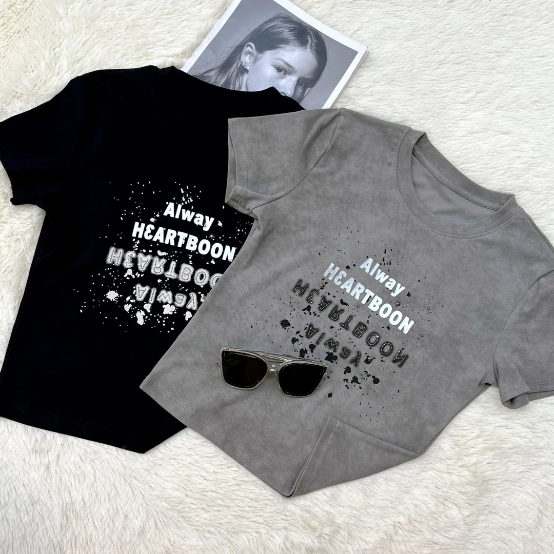 艾格 雾面扎染重工 夏季休闲百搭修身半袖圆领小众ins设计感t恤女