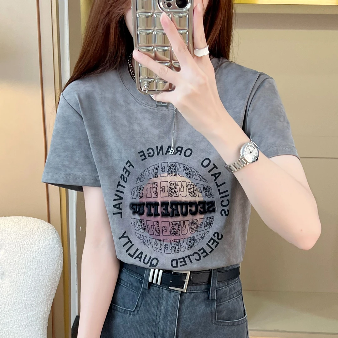 艾格 重工刺绣复古星球 夏季百搭修身短袖 设计感小众设计师t恤女