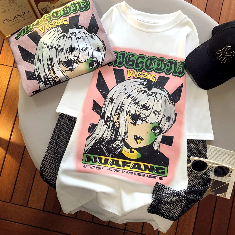 卡通美少女头像印花夏款上衣纯棉圆领时尚韩版宽松均码假两件T恤
