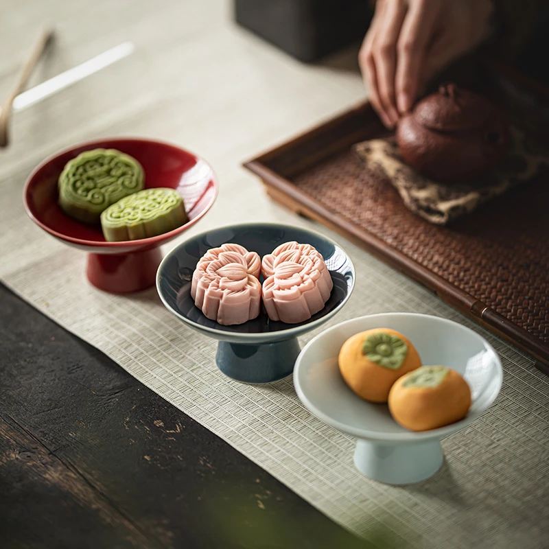 【时南】高脚中式复古陶瓷茶点盘宋氏白色禅意糕点盘茶道红色水果