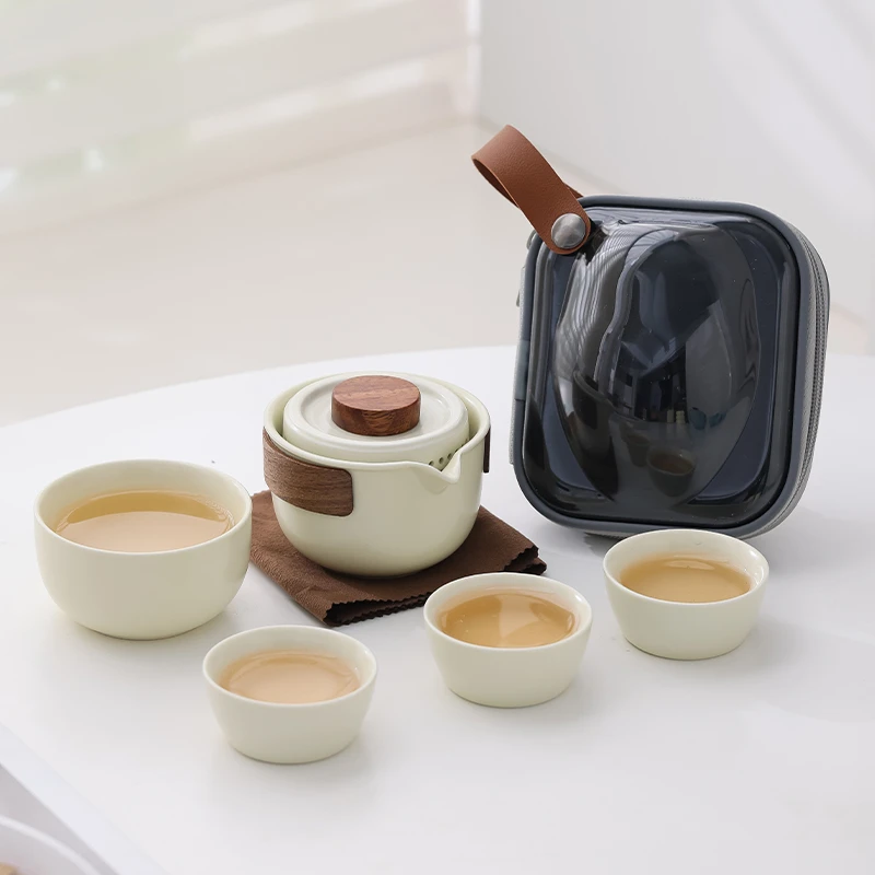 汝窑旅行茶具套装便携式快客杯一壶二杯随身包户外功夫茶杯泡茶壶