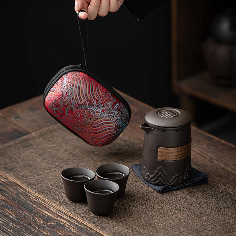 旅行茶具一壶三杯露营户外便携快客杯紫砂家用车载旅行随手杯简约