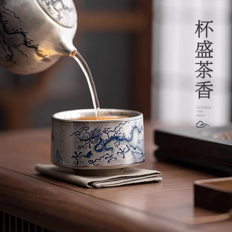 高档轻奢鎏银龙纹主人杯功夫茶具家用陶瓷个人专用喝茶品茗杯茶杯