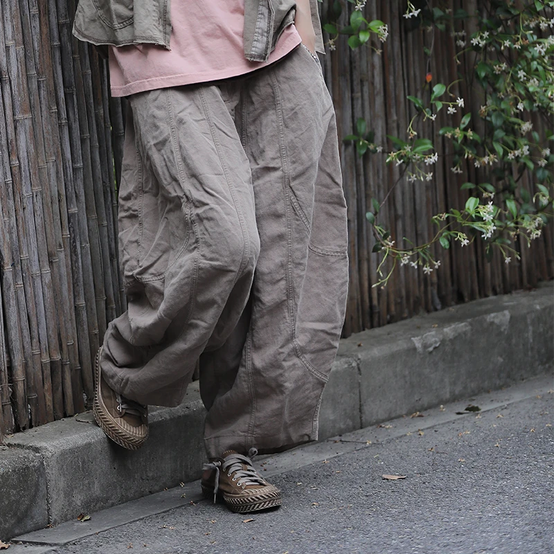 慢慢变蓝原创设计【荼系列】夏季阔腿裤宽松亚麻松紧腰休闲大码