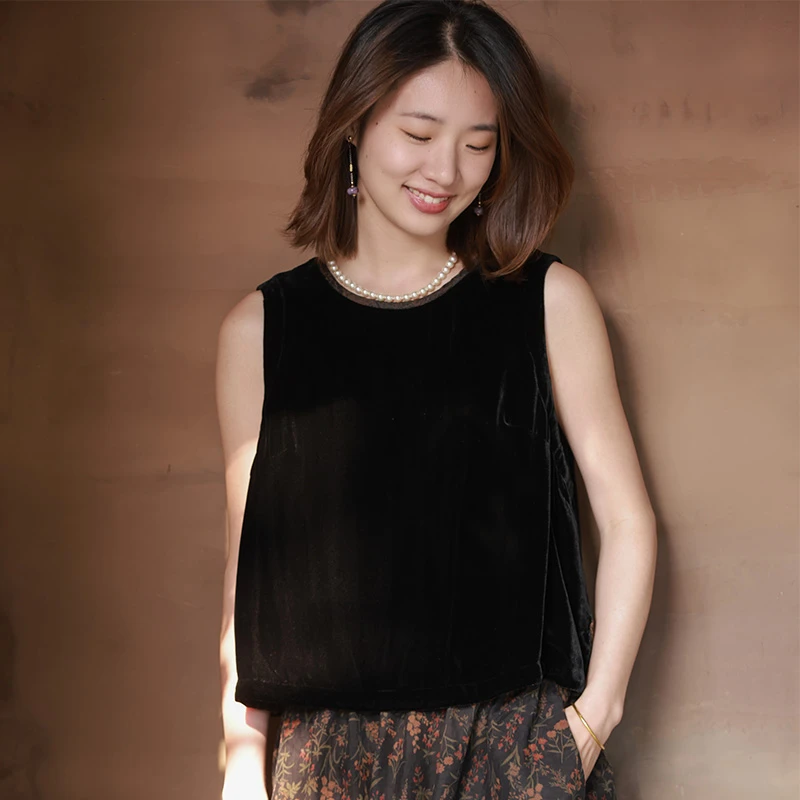 慢慢变蓝原创设计【荼系列】圆领套头丝绒背心马甲无袖