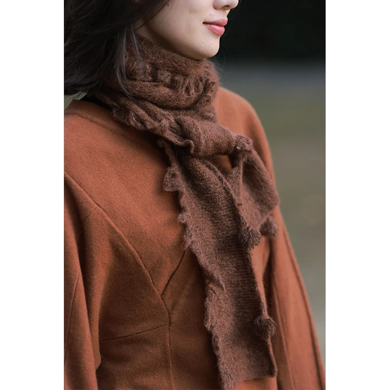 慢慢变蓝原创【荼系列】秋冬纯色围巾手工毛须球文艺复古保暖披肩