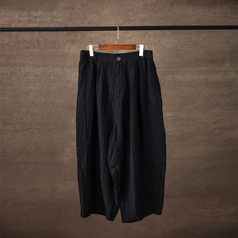 自然斑驳感纯亚麻裤子阔腿裤休闲裤半松紧腰 慢慢变蓝原创设计
