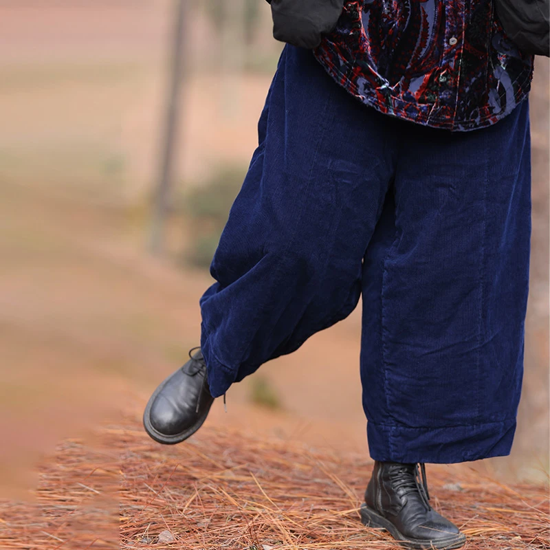 植物染灯芯绒休闲棉裤九分裤半松紧腰直筒裤加厚慢慢变蓝原创荼