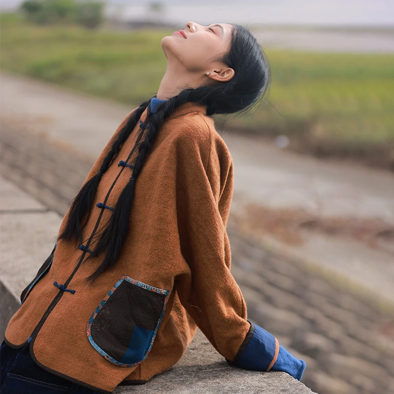 荼原创秋冬中式羊毛外套对襟立领盘扣复古上衣毛呢加厚