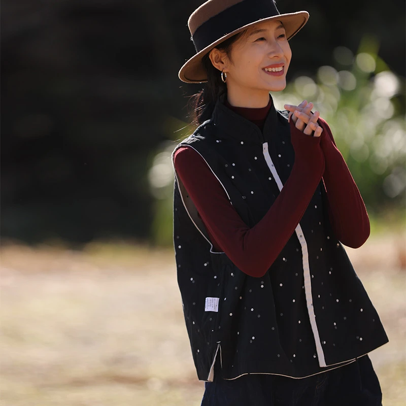 慢慢变蓝原创 荼 中式两面穿马甲波点纯棉马夹立领简约百搭