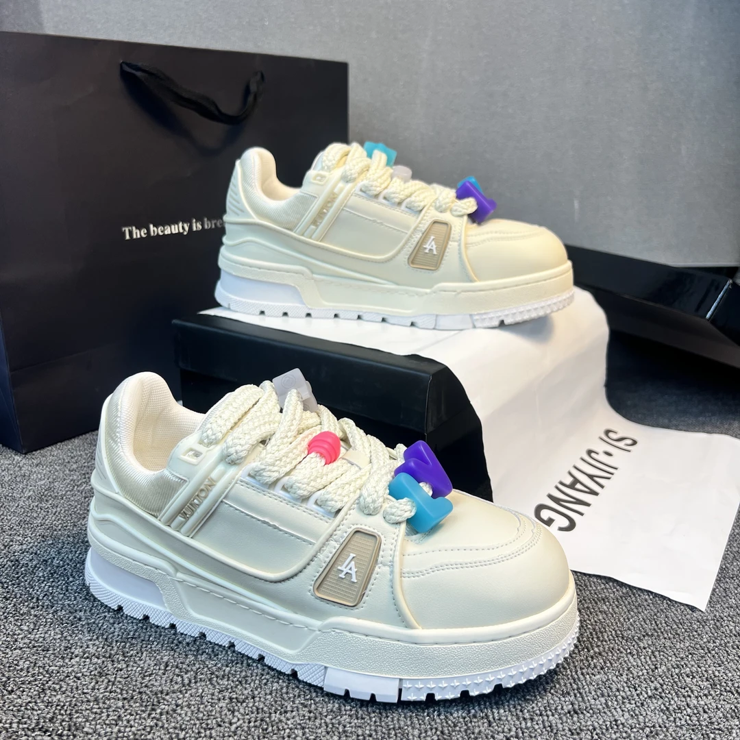 百搭欧洲站男鞋小胖丁2024小白鞋厚底休闲平底板鞋系带圆头鞋单鞋