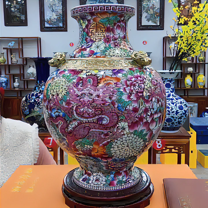 景德镇陶瓷客厅玄关博古架新中式摆件金青霞万花三阳开泰福筒尊