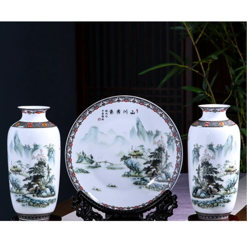 景德镇陶瓷花瓶粉彩瓷客厅玄关摆件晓凡山川秀色三件套