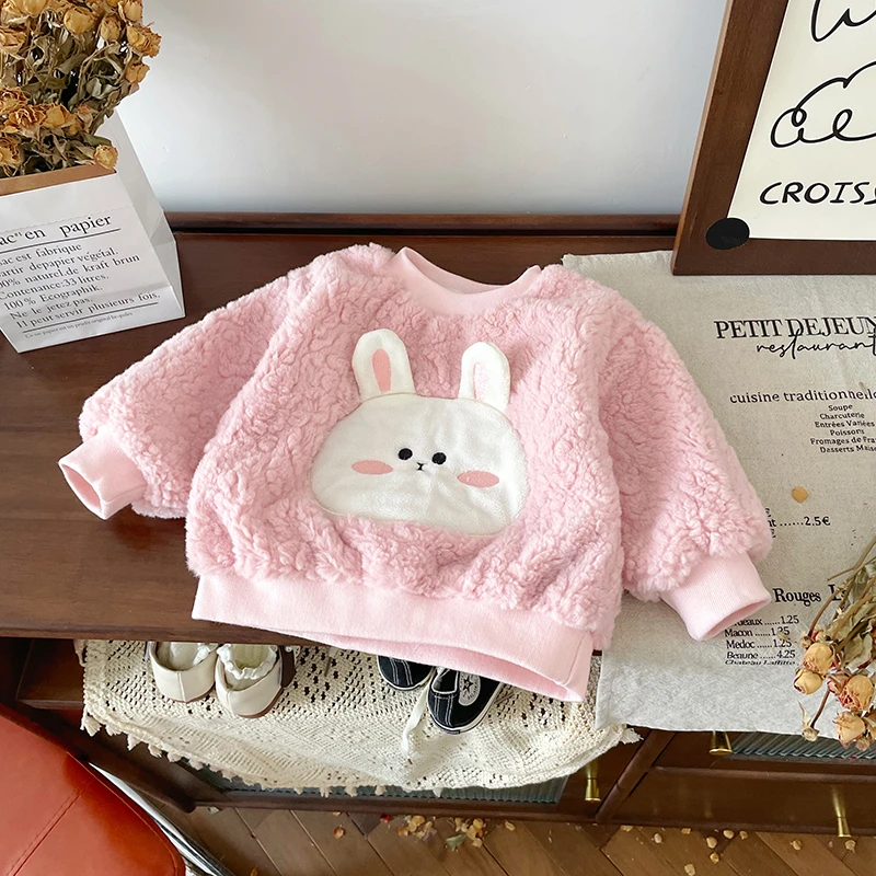 【现货】QY249800秋冬新款儿童卫衣女童毛毛衣加绒保暖卡通上衣