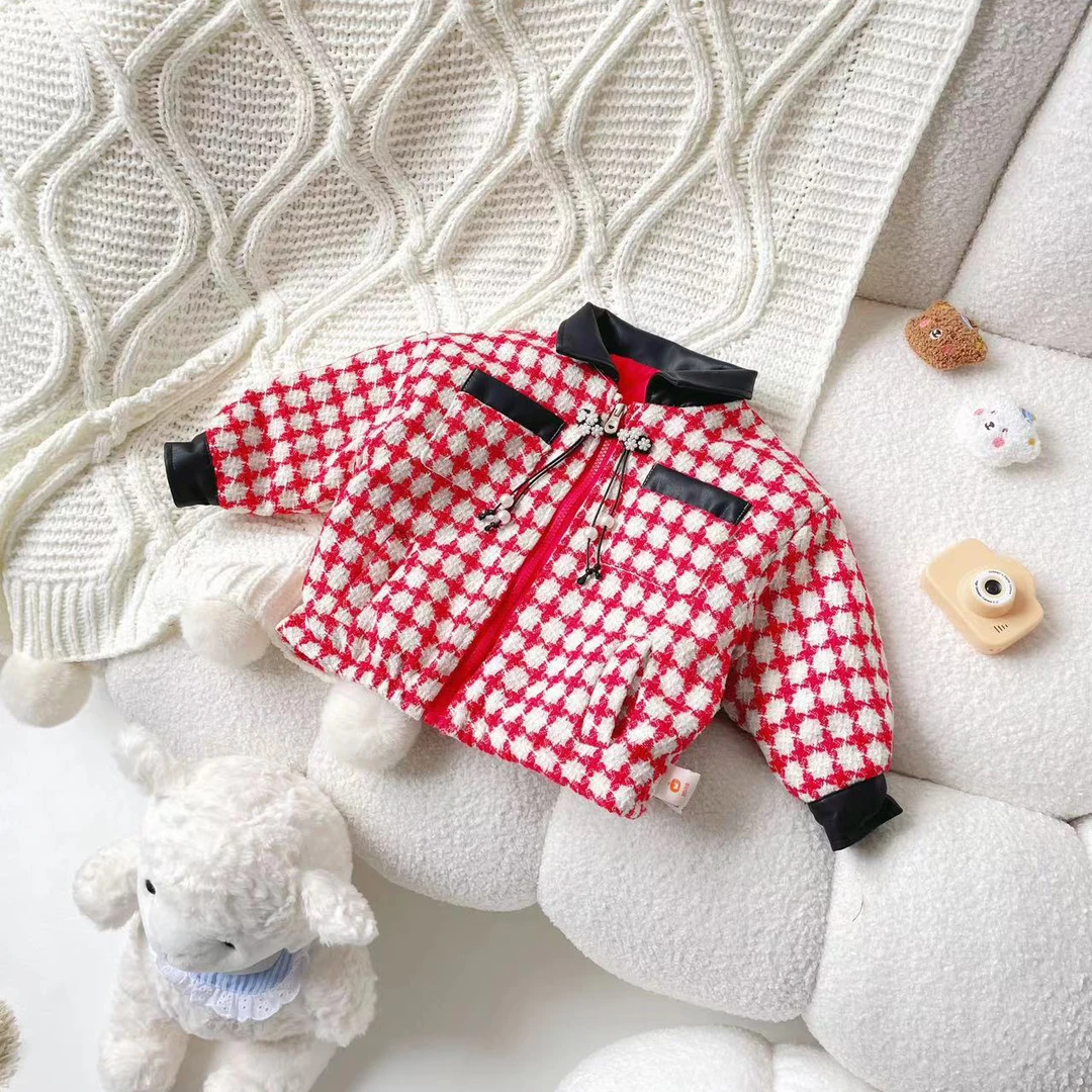 【现货】QW237199冬季新款儿童外套女童格子韩版洋气女童包包棉服