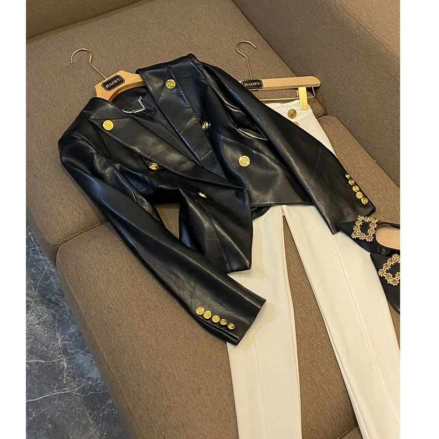 2025欧洲站修身PU皮皮衣外套女秋冬新款法式修身夹克金色扣小西服