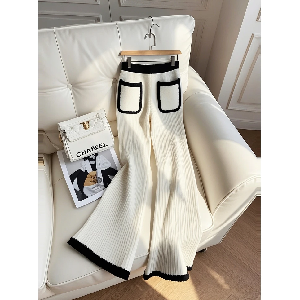 慵懒松弛感白色针织裤子女2025冬季气质高腰显瘦糯米阔腿休闲长裤