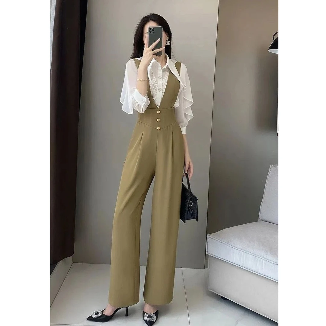 设计感背带裤女2025秋装新款高级感显瘦高腰西装阔腿裤黑色连体裤