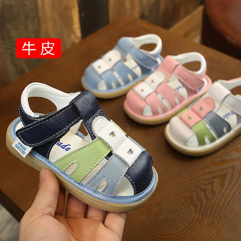 夏季牛皮透气宝宝凉鞋男1-2-3岁防滑软底女童包头学步婴幼儿凉鞋
