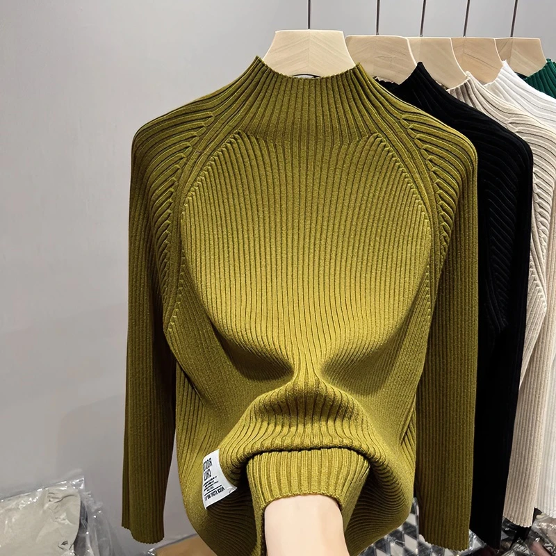 半高领针织打底衫女秋冬新款洋气坑条纹毛衣大码纯色内搭长袖上衣