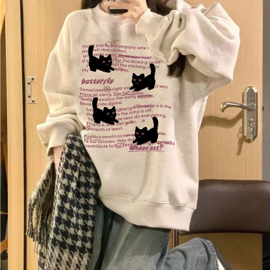 oversize美式趣味小猫印花圆领长袖2025秋冬百搭潮牌情侣慵懒卫衣