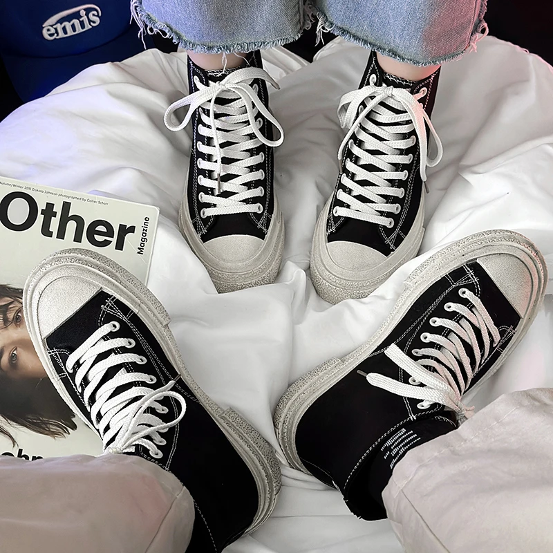 小众原创做旧高帮帆布鞋子男款夏季透气休闲板鞋男士潮流百搭潮鞋