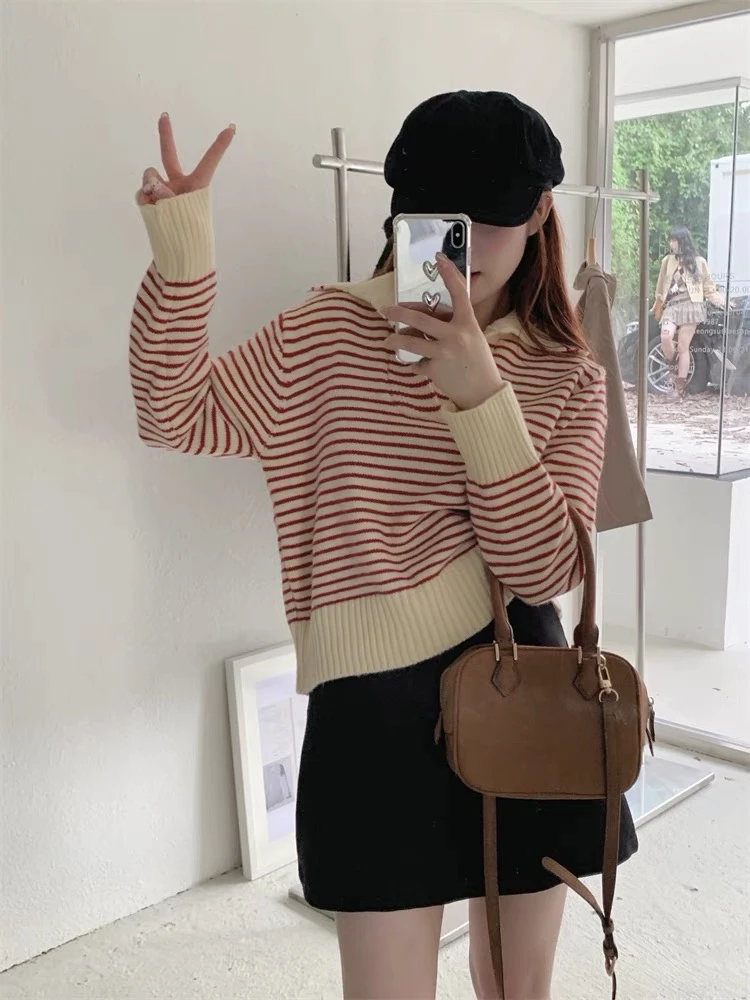 拼接条纹polo领长袖毛衣女装新款秋冬季宽松套头针织衫上衣慵懒风