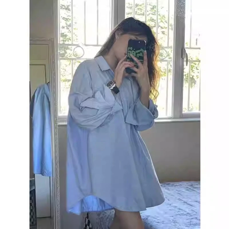 早秋2025新款蓝色衬衫女法式气质外套设计感宽松防晒衬衣上衣夏季