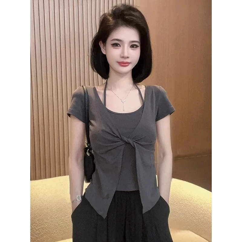 假两件挂脖正肩短袖t恤2025夏季新款显瘦遮肚子纯欲洋气甜辣上衣