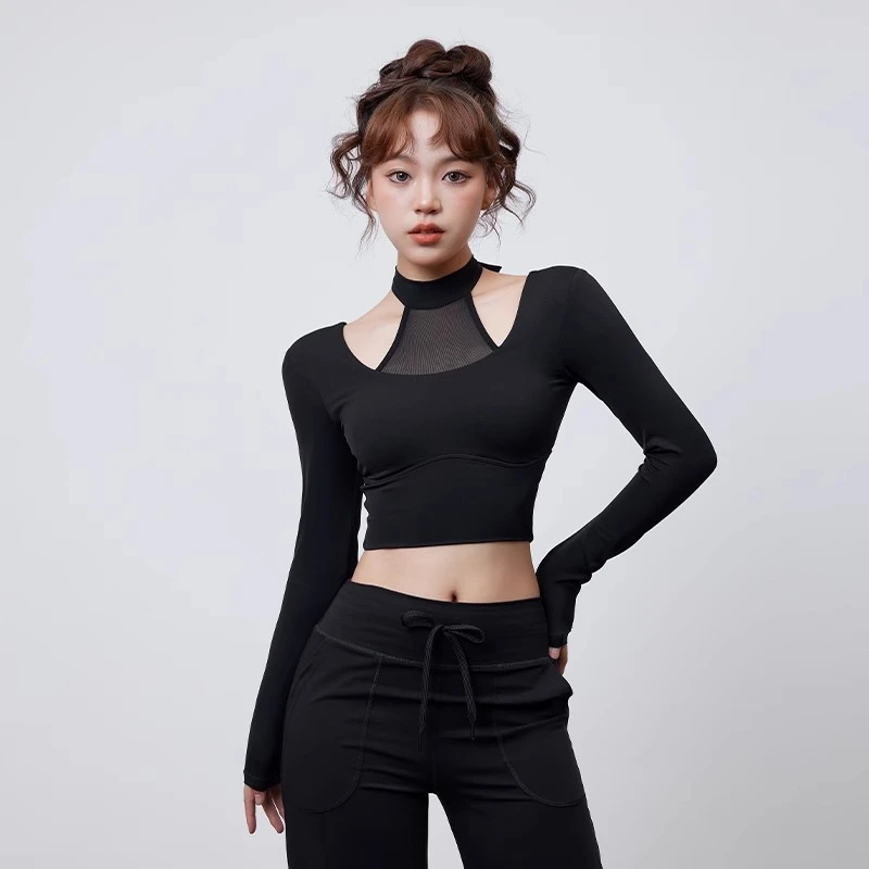 Choc新中式网纱绑脖瑜伽服女固定杯紧身性感健身衣美背运动长袖夏