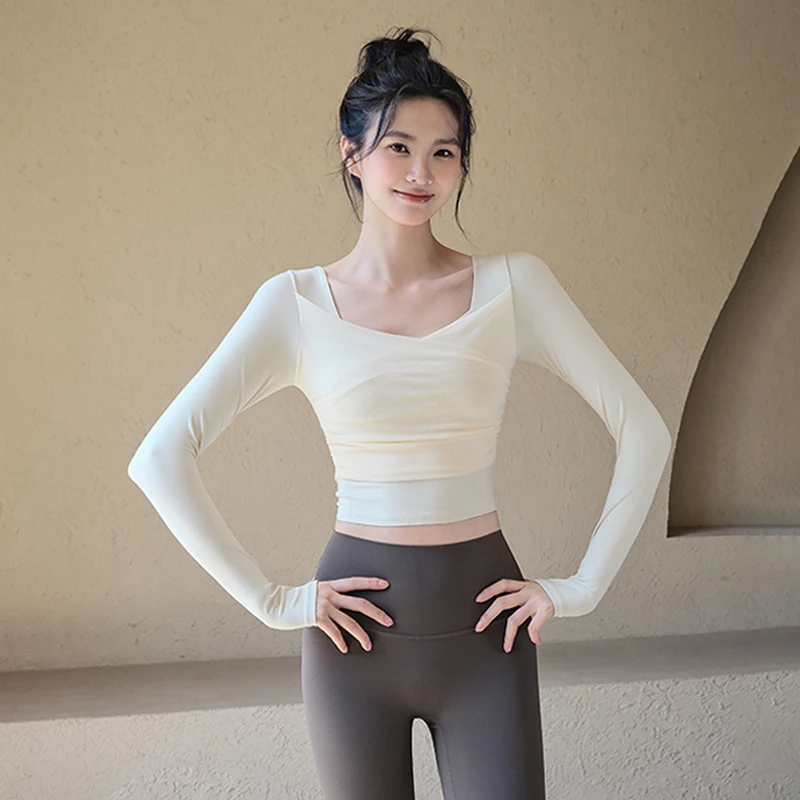 瑜伽服女秋冬穿搭带胸垫运动上衣高颜值网纱长袖普拉提训练健身服