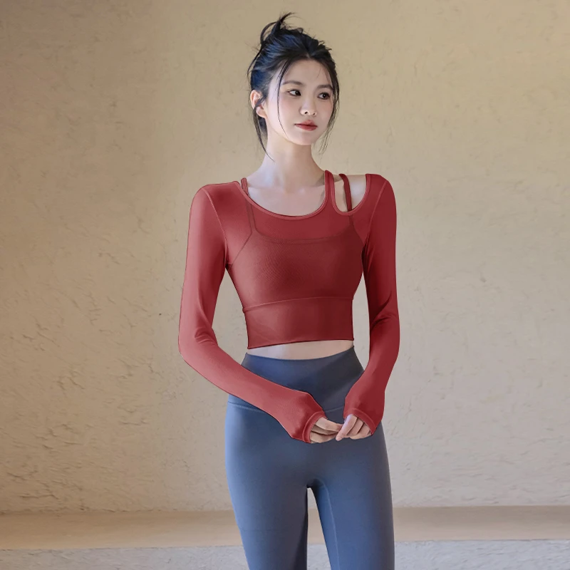 choc网纱假两件上衣女显瘦性感健身服安可拉红长袖秋