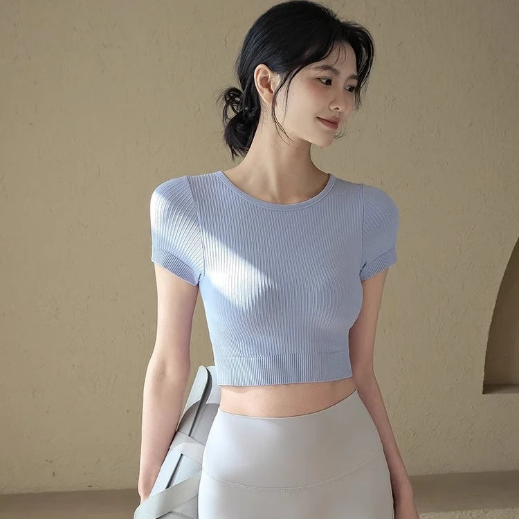 显瘦瑜伽服女夏季带胸垫普拉提训练跑步运动上衣健身短袖T恤2641Y