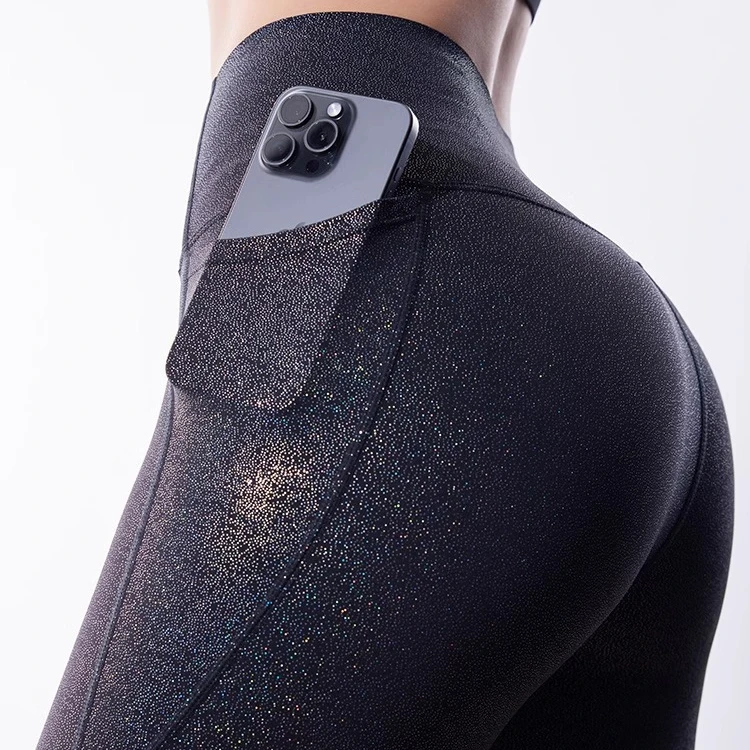 定制彩金蜜桃臀健身裤女紧身高腰性感提臀瑜伽裤口袋高弹训练裤