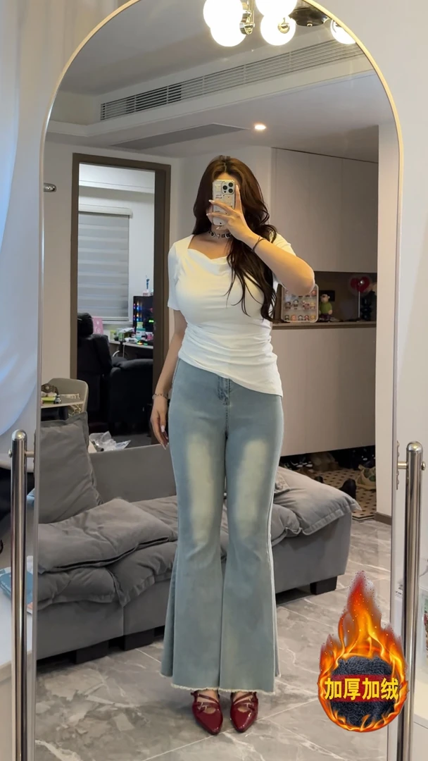 胖mm大码加绒显瘦收腹渐变鱼尾喇叭牛仔裤女辣妹外穿修身垂感5898