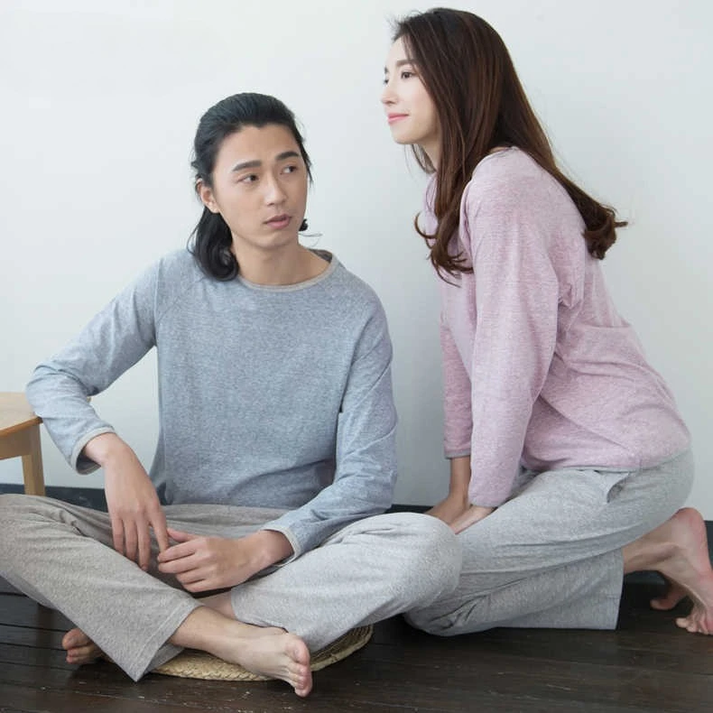 （国货之光）高品质彩棉简约情侣款圆领舒适长袖睡衣家居服套装