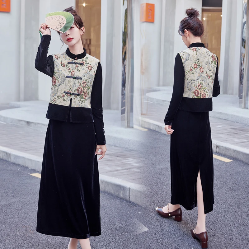 现货2024春季新中式盘扣马甲外套丝绒连衣裙两件套新