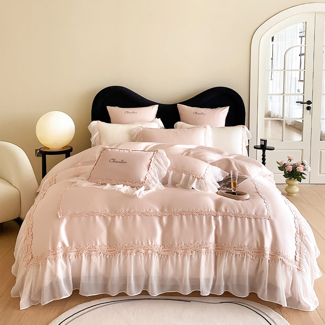 「2024新款-达芬妮」意大利进口高精密刺绣花边蕾丝莱赛尔四件套