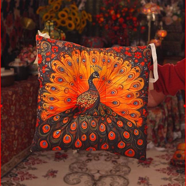 美式复古喜鹊孔雀抱枕毛绒带绑绳防滑底办公室椅子坐垫靠垫