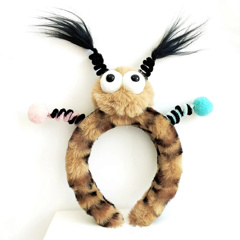 丑萌可爱大眼睛麻花辫毛绒发箍豹纹搞怪头箍头饰天线丑娃娃发夹z