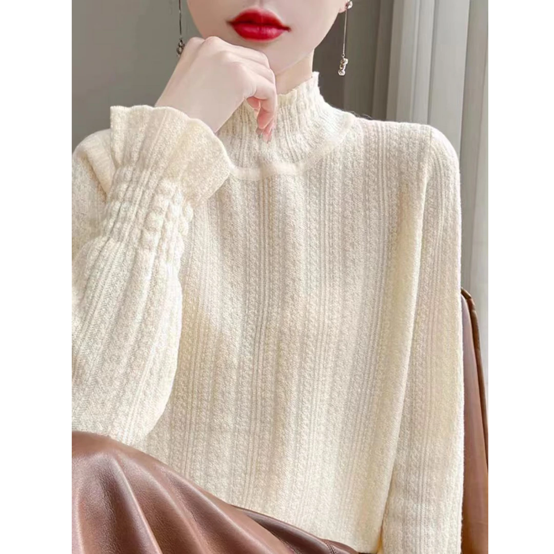 精致花瓣袖 半高领针织花纹喇叭袖打底衫女秋冬保暖线衣