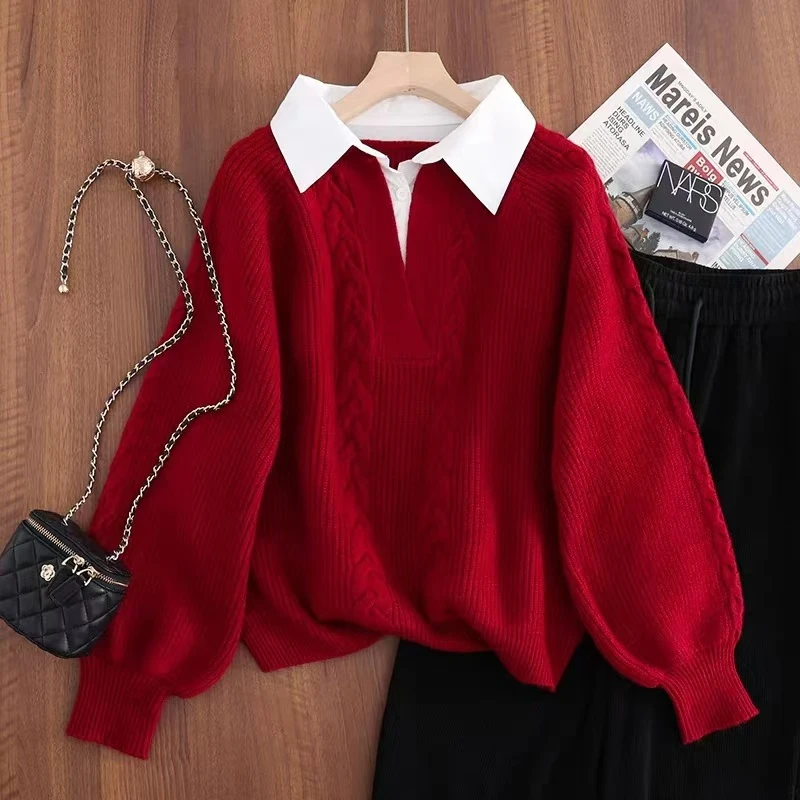 衬衣领拼接假两件针织毛衣女复古红色圣诞战袍长袖外套法式小香风