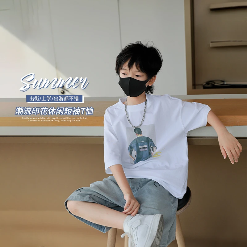 2024新款儿童白色t恤男童夏季印花短袖中大童时髦夏装半袖体恤潮